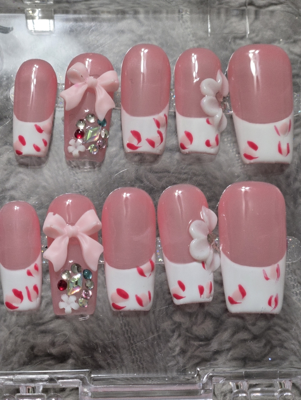 Pink & White 3D Bow Acrylic Press-On Nail Set, Medium Length Square Shape